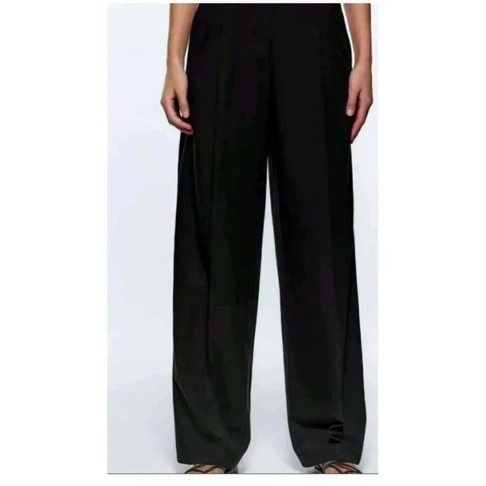 BNWT ZARA FULL LENGTH LINEN BLEND BLACK PANTS TROUSERS SIZE M  7385 490